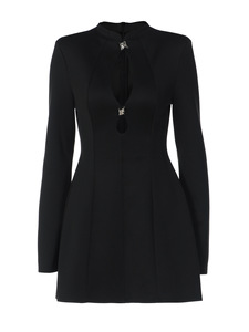 Robe mini noire à découpes pour femme, col haut, manches longues, détail boucle métallique, robes de soirée formelles, mode - Product Image 3