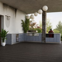 Cuisine extérieure grise, îlot barbecue, meubles modulaires en acier inoxydable résistant aux intempéries, cuisinière en marbre, en forme de L, avec évier