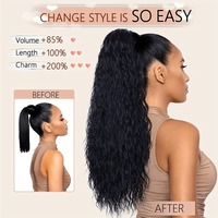 Queue de cheval longue bouclée synthétique à cordon de serrage pour femme, 18 pouces, noire, avec clips