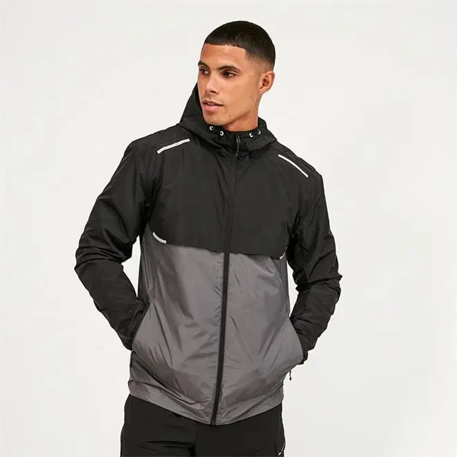 Lage Moq Full Zip Up Kleur Blok Spandex / Polyester Active Wear Reflecterende Geweven Atletiek Pocket Training Sport Jas Man