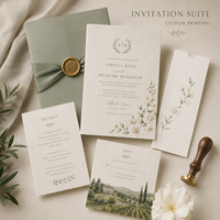 Suite d'invitations de mariage personnalisées en aquarelle toscane avec bordure festonnée, monogramme, et enveloppe vert sauge