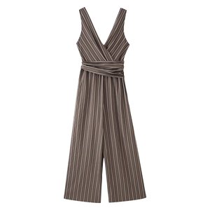 Mono <span class=keywords><strong>de</strong></span> <span class=keywords><strong>mujer</strong></span> personalizado 2026 con cuello en V, a rayas, <span class=keywords><strong>de</strong></span> pierna ancha y cinturón, sin mangas, <span class=keywords><strong>de</strong></span> una pieza con lazo ajustable en la cintura, OEM/ODM Vintage - Product Image 2