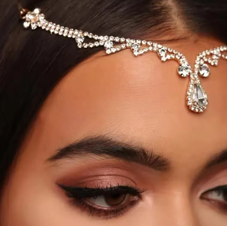 Women's Bridal Gold Forehead Headband Rhinestone Crystal Teardrop Headpiece Boho Hair Jewelry for Wedding Prom Party