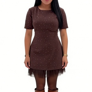 Robe courte en tulle à volants ornée de strass pour femmes, robe de soirée à manches courtes, robe décontractée tendance - Product Image 2