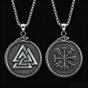 Collar con Colgante de Brújula Vikinga Vegvisir de Doble Cara de Acero, Valknut, Ouroboros, Serpiente, Nudo Triangular, Runa Nórdica, Accesorios de Tela para Hombre - Product Image 1