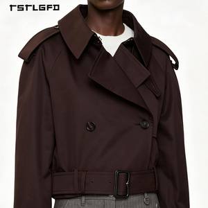 Men Cropped Trench Jacket 100% Cotton Double Breasted Hook Collar Closure Waist Belt Belted Cuffs Short Coat Outerwear - Product Image 5