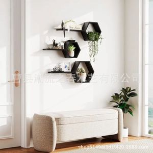 Cross-border wooden wall-mounted hexagonal grid storage <b>rack</b> for home living room background minimalist decorative <b>shelf</b> - Product Image 3