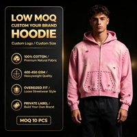 Sweat à capuche rose délavé personnalisé pour homme, avec fermeture éclair, rivets, effet usé et découpes, coupe courte, faible MOQ, marque privée, style streetwear