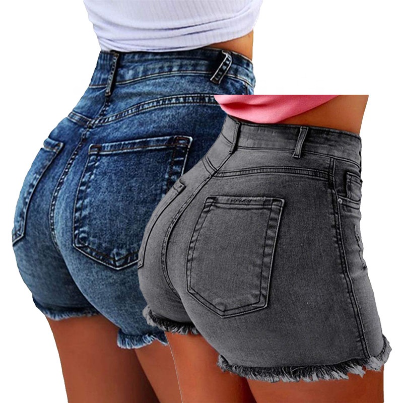 Womens đẩy lên Quần short denim căng cao eo quần nóng chiến lợi phẩm đáy quần bó sát màu xám chạy bộ Jean Váy