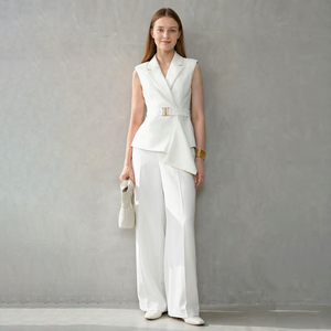 <b>Women</b> <b>White</b> Sleeveless Business <b>Suit</b> Set Asymmetric Hem Belt Wide Leg <b>Trousers</b> Two Piece Elegant Office Formal <b>Suit</b> For Ladies - Product Image 1
