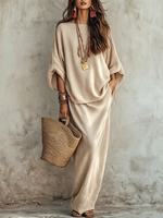 Ensemble élégant deux pièces pour femme 6653 – Haut T-shirt couleur unie et robe longue en polyester tissé, manches trois-quarts, décontracté, automne