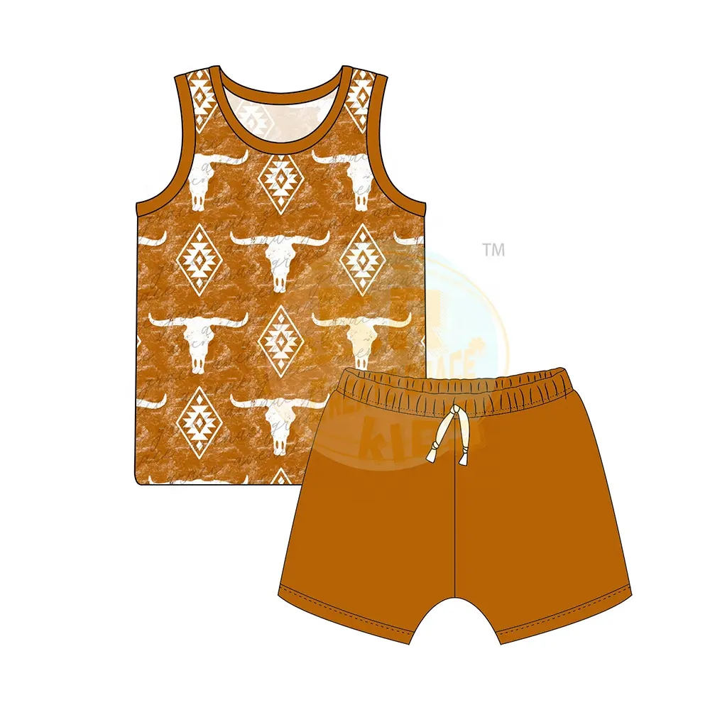 Oem Aztec Cow Skull Pattern Summer Fashion Boutique Sleeveless Baby Shorts Suit Toddler Boy Clothing Set