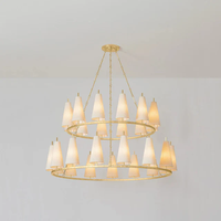 Lustre suspendu moderne à 2 niveaux en laiton pour hôtel, restaurant, maison, avec abat-jour en tissu rond doré