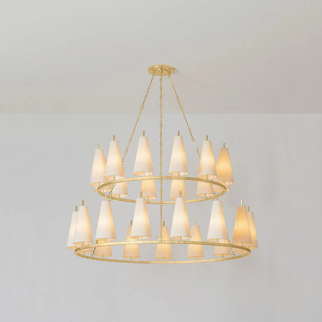 Modern 2-Tier  Hanging Ceiling Light Hotel Pendent Light Brass for Restaurant Home Ring Fabric Lampshade Round Gold Chandelier