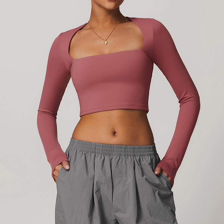Women's Long Yoga Top Square Neck Tight Waist Slimming Quick Dry Breathable Fitness Customized Size Four-Way Stretch Yoga Top