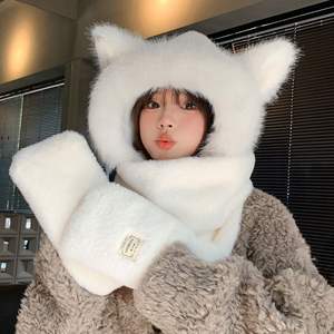 2025 mignon 2 en 1 hiver chaud chat oreille <span class=keywords><strong>bonnet</strong></span> chapeaux écharpe cache-cou floue moelleux fourrure fourrure chapeau femmes filles chapeau et écharpe ensemble - Product Image 1
