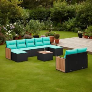 Ensemble de canapés de patio en polyrotin noir avec coussins, 10 pièces, mobilier de jardin extérieur, design contemporain, structure en teck - Product Image 2
