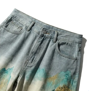 Jeans WangSheng para Hombre con Estampado de Montañas Verdes Estilo Paisaje Chino, Lavado Azul Claro, Cintura Alta, Pierna Ancha, Estilo Vintage - Product Image 5