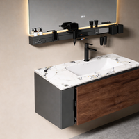 Meubles de salle de bain design moderne pour hôtels et appartements : Meuble-lavabo mural avec rangements intégrés et supports pour outils
