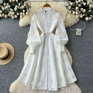 Robe élégante pour femmes, <span class=keywords><strong>vintage</strong></span>, à col rond, à manches bouffantes, à boutons, à taille nouée, avec broderie complexe - Product Image 3