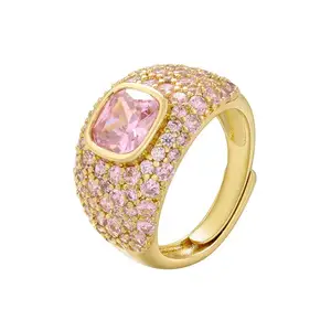 Anelli regolabili in pietra rosa rosa rosa di moda in ottone placcato oro 18K cristallo aperto Chunky anello per le donne gioielli da sposa regalo