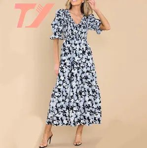 TUOYI Fashion Custom Lady Chiffon Ruffle Maxi Dress Vestidos Women Elegant Summer Casual Dresses