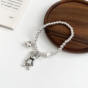 Pulsera de Plata de Ley S925 con Cuentas Redondas y Dije de Oso para Mujer, Estilo Simple, Joyería con Cuerda Elástica para Uso Diario - Product Image 1