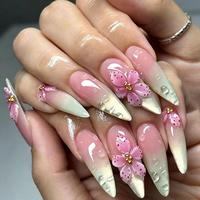Ongles longs en acrylique style stiletto, dégradé rose, feuilles 3D, faux ongles multicolores ombrés, perles dorées, faits à la main, à pression