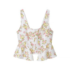 Completo coordinato estivo da donna 2026 con top floreale a balze e pantaloni a gamba larga, <span class=keywords><strong>set</strong></span> due pezzi per vacanze, OEM/ODM dalla fabbrica cinese - Product Image 2