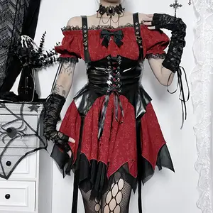 Dark Academia Gothic Dress Women Harajuku Streetwear Grunge Lace Patchwork Puff Sleeve High Waist Dress Female