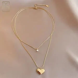 Cadena de doble capa de Circonia cúbica, Collar chapado en oro, de acero inoxidable, corazón de amor