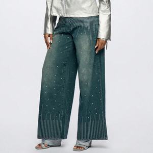 Fabricants de vêtements sur mesure, pantalons en denim streetstyle personnalisés, jeans baggy brillants entièrement ornés de strass pour femmes - Product Image 2