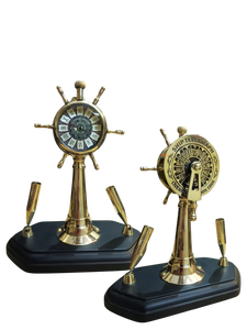 Vintage Brass Ship <b>Wheel</b> Desk Clock Handmade Nautical <b>Table</b> Clock Maritime Decor with Metal Base Battery Operated - Product Image 2