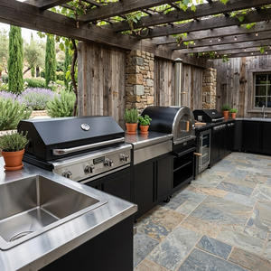 Armoires de cuisine extérieures ignifuges personnalisées en acier inoxydable SS304, texture métallique, pour cour, cuisine extérieure modulaire avec <span class=keywords><strong>mini</strong></span>-réfrigérateur en verre - Product Image 1