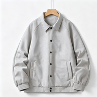 Blouson Bomber Homme en Daim à Col Rabattu, Fermeture Boutons-Pression, Manches Raglan Amples, Résistant au Vent, Vêtement d'Extérieur Quotidien pour l'Automne, avec Logo