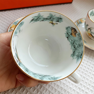 Fine Bone China Coffee <b>Cup</b> <b>Set</b> With Tropical Jungle Print And Gold Rim 2 Pieces Elegant Tableware - Product Image 6