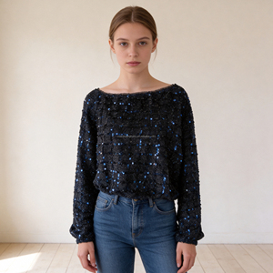<span class=keywords><strong>Top</strong></span> Corto con <span class=keywords><strong>Lentejuelas</strong></span> y Cuello Barco Personalizado para Mujer - Product Image 1