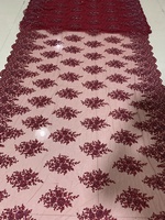 Tela de Tul Tejida de Diseño, Color Granate, con Lentejuelas Bordadas a Máquina, para Accesorios de Boda y Textiles para el Hogar