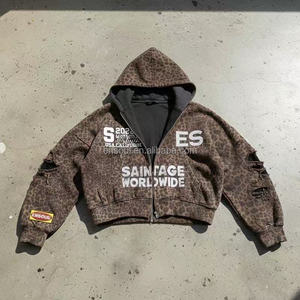 Felpa con Cappuccio e Zip Stampa Leopardata Effetto Invecchiato, Streetwear Personalizzato, Felpa Pesante in Cotone <span class=keywords><strong>da</strong></span> Uomo, Moda Vintage Primaverile Eco-Friendly - Product Image 1