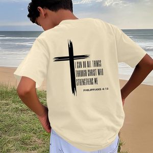 เสื้อยืดเด็กชาย FOXA ลายคริสเตียน ข้อพระคัมภีร์ฟิลิปปี 4:13 ผ้าฝ้าย พิมพ์ลายทางศาสนา สำหรับเด็ก - Product Image 4