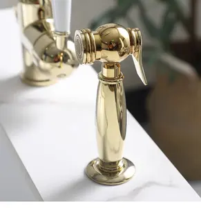 High Quality Brass Brushed Gold Deck Mounted Prevent Ironing 2 Handle Sink Taps Bridge Kitchen Faucet