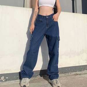 Jeans femmes personnalisé avec poche blanc étudiant filles vêtements de rue pantalon taille haute pour femmes jean droit vintage plissé en denim - Product Image 3