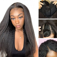 Perruques Afro péruviennes Remy, sans colle, cheveux humains crépus lisses, 100%, partie en V, partie centrale, densité 250%