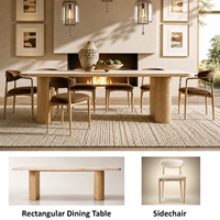 Ensemble de salle à manger rectangulaire moderne en travertin sculptural avec pieds en chêne et chaises crème pour villas, hôtels et intérieurs résidentiels