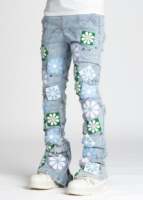 Jean bleu délavé personnalisé de haute qualité 2026, coupe évasée, patch floral, broderie fine, style Y2k, streetwear, denim pour homme