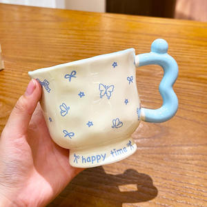 Ceramic Mug With Handle And Spoon Cartoon Pattern Happy Time Design For Gift Occasion Single Cup Spring 2025 - Product Image 1