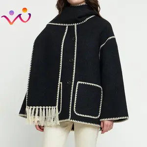 2023 New Autumn Lady Outwear Jacket Elegante Feminino Manga Longa Bolso Único Breasted Casacos Casaco das Mulheres de Inverno com Lenço