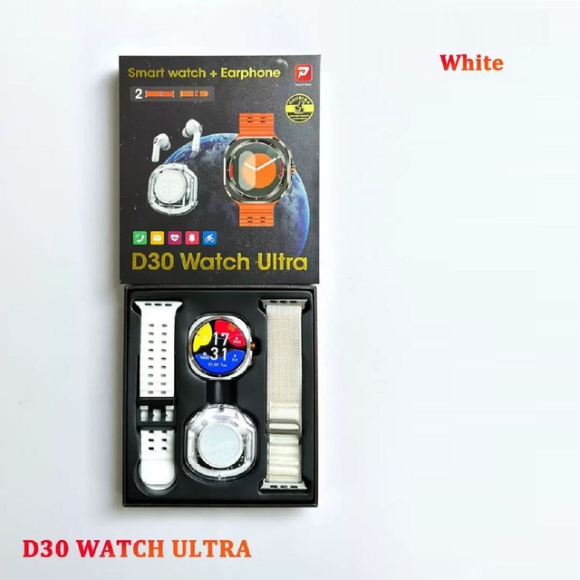 Popular D30 Watch Ultra Smart Watch Two Straps Health Monitoring BT Call Waterproof Round Screen Smart Watch with Earphone