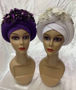 Sombrero Gele Aso Oke Africano con Piedras, Prendido y Listo para Usar, Sombrero para Mujer con Cuentas, Gele, Aso Oke, Gele - Product Image 3