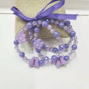 Conjunto de 3 pulseras para niños y niñas, brazalete de cuentas de plástico púrpura, joyería fina, brazalete bonito